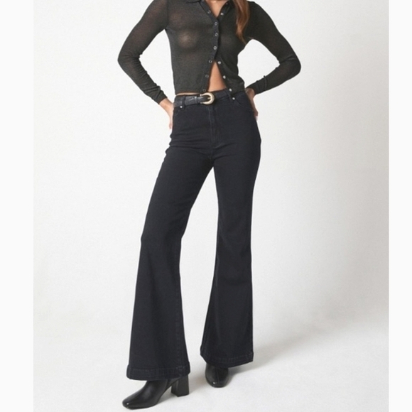 NWT Rock & Roll High-Rise Flare Black Distressed Jeans - Picture 1 of 14
